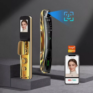 Gold  Smart Lock Digital Door Lock with 3D Face Recognition | LCD Display & Camera | Wi-Fi Remote Unlock Using App | Fingerprint Lock | RFID Card, PIN, 2 Manual Key , Tuya  Smart Door Lock